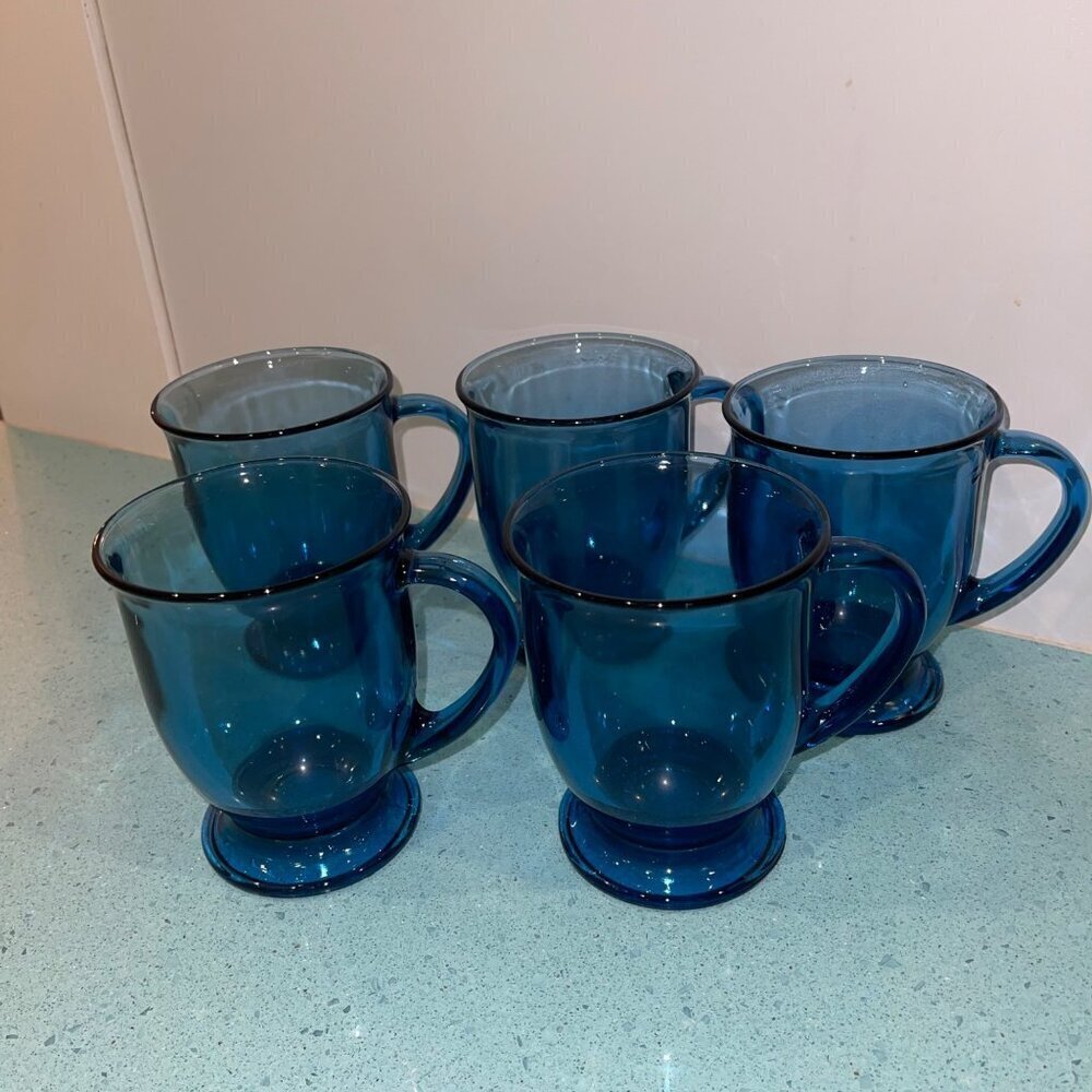 Anchor Hocking Vintage Glass Mugs Blue Set Of 5 MCM Collectible